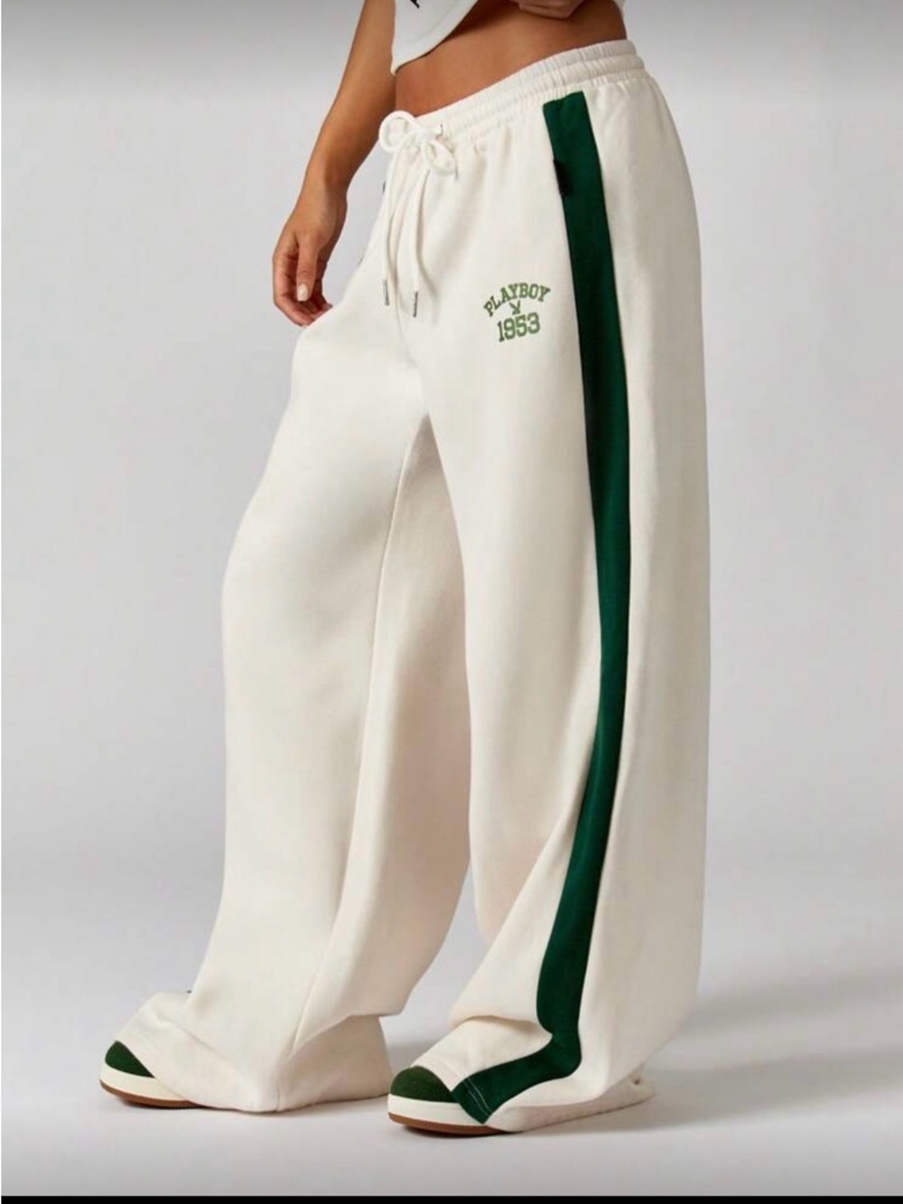 PLAYBOY Cream Wide-Leg Sweatpants with Dark Green Side Stripe